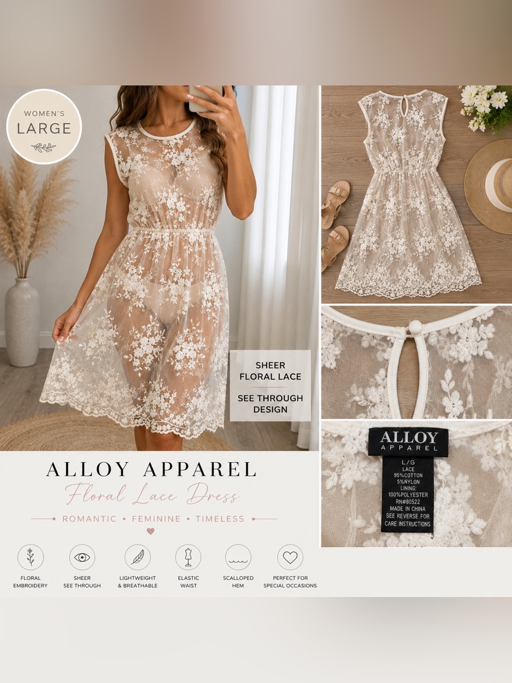 Alloy Apparel Ivory Floral Lace Mesh Overlay Dress Women’s Large Cottagecore